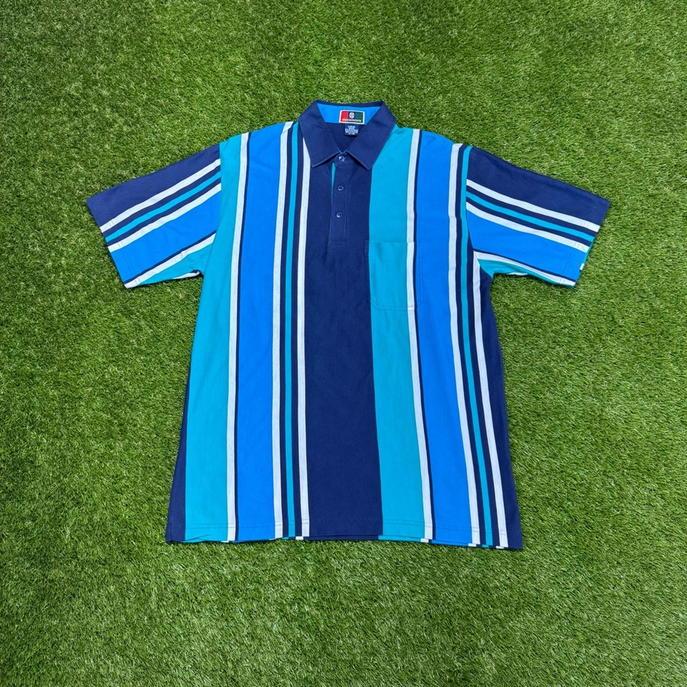Vintage Vertical Striped Polo Shirt Men’s Size Large Blue Teal White